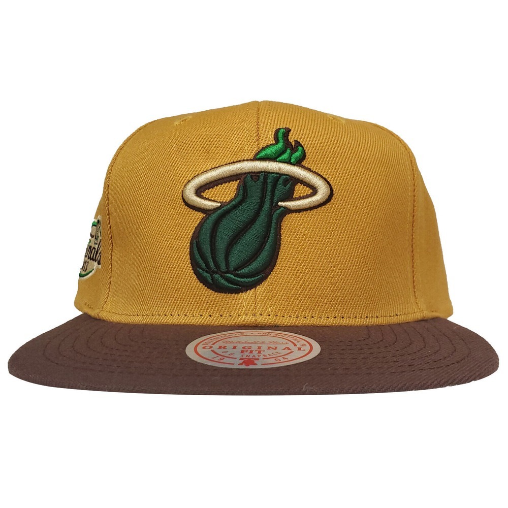Miami Heat Mitchell & Ness NBA Snapback Hat Cap Green 3D Logo Khaki Brown NWT